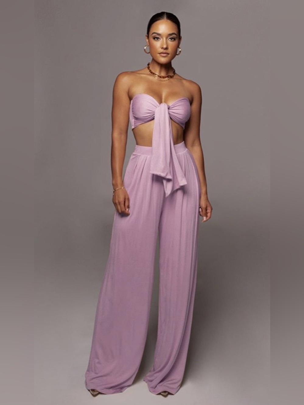 JLUXLABEL Lavender Wide-Leg Palazzo Pants with Matching Wrap Top